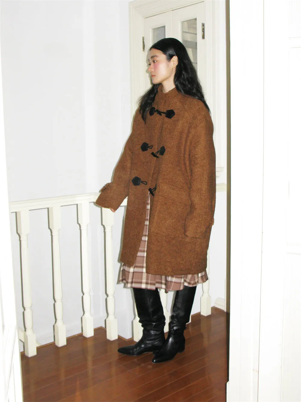 Wool Big-Pocket Toggle-Button Wool Retro Oversize Coat