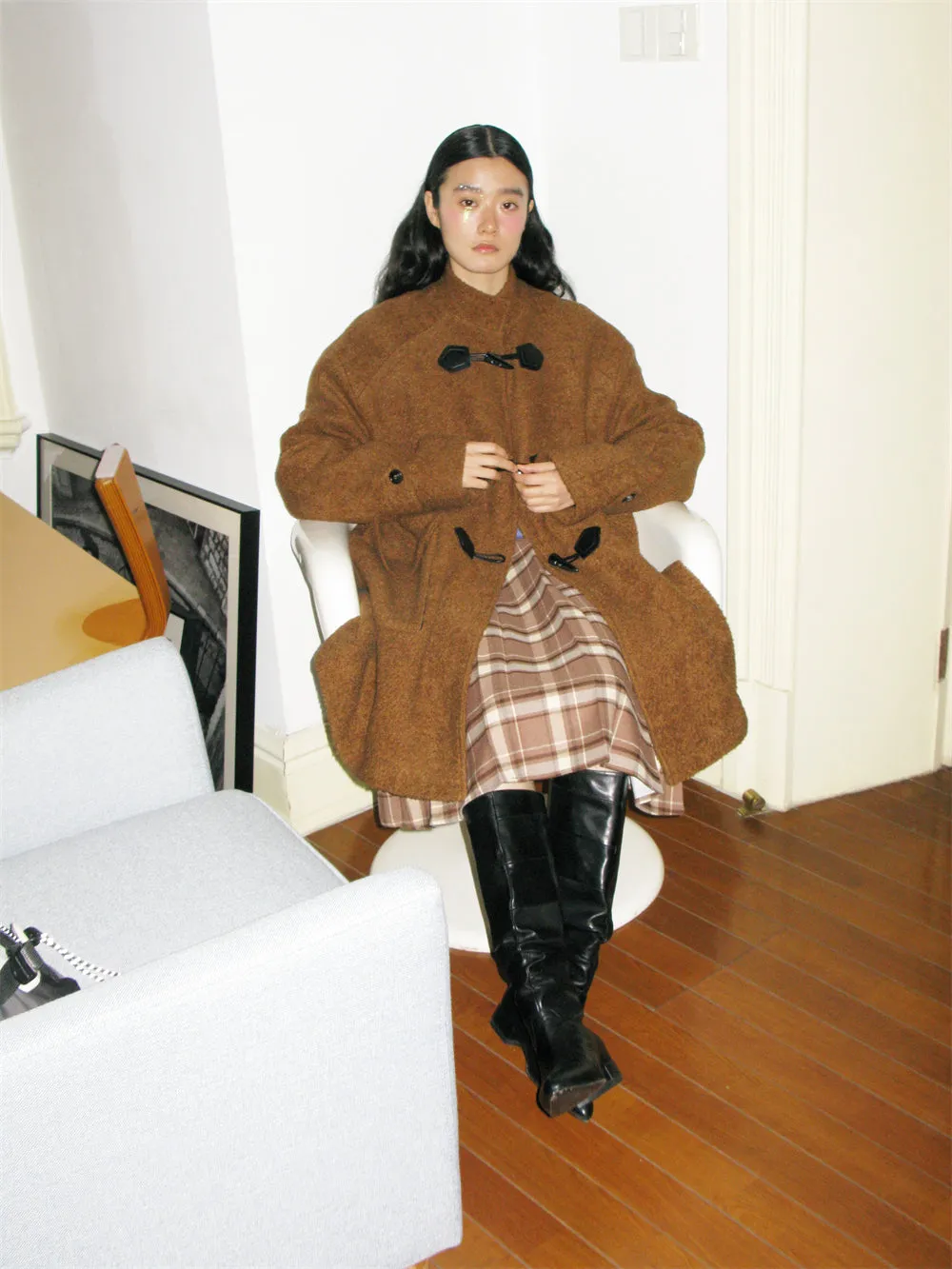 Wool Big-Pocket Toggle-Button Wool Retro Oversize Coat