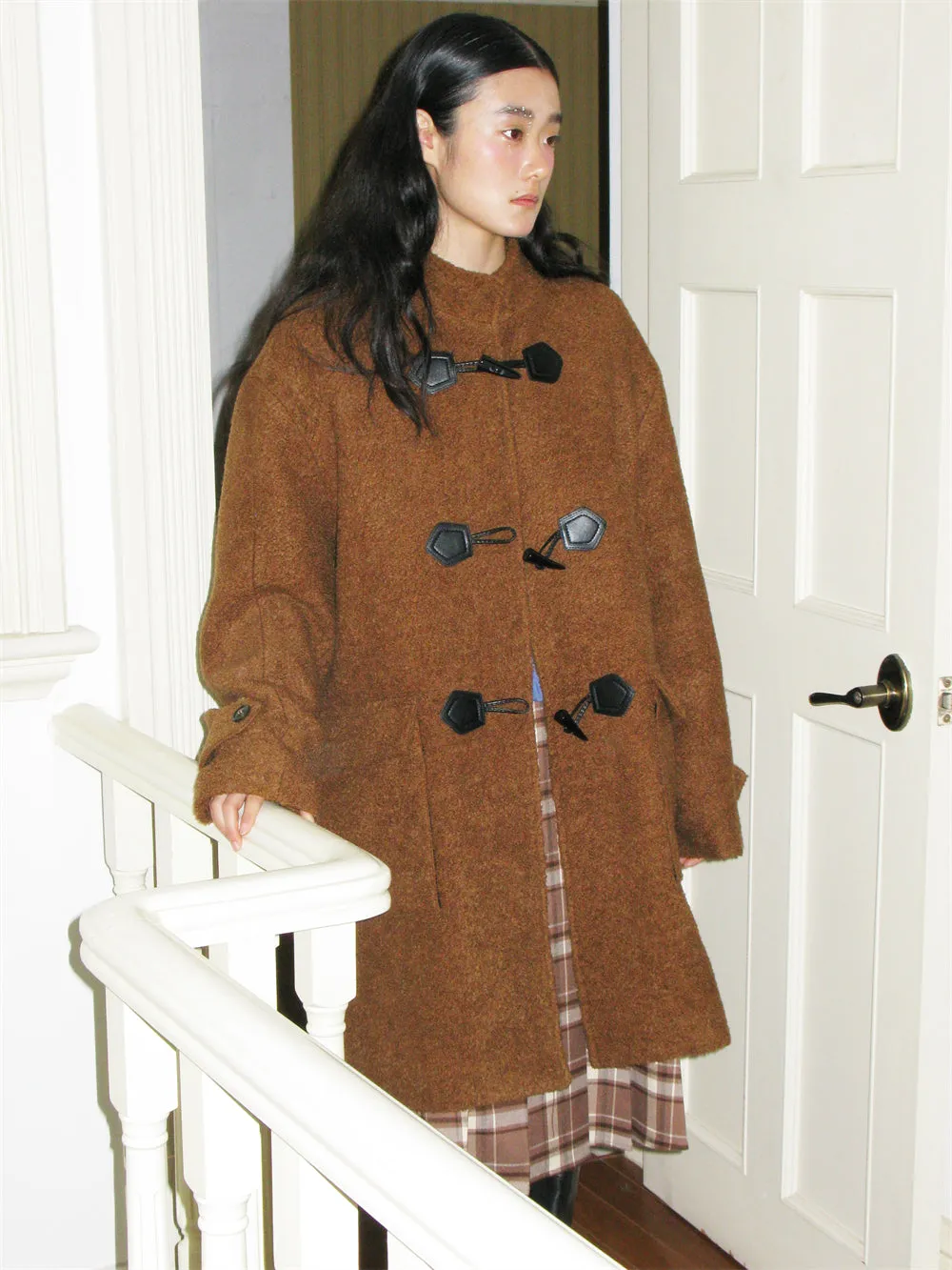 Wool Big-Pocket Toggle-Button Wool Retro Oversize Coat