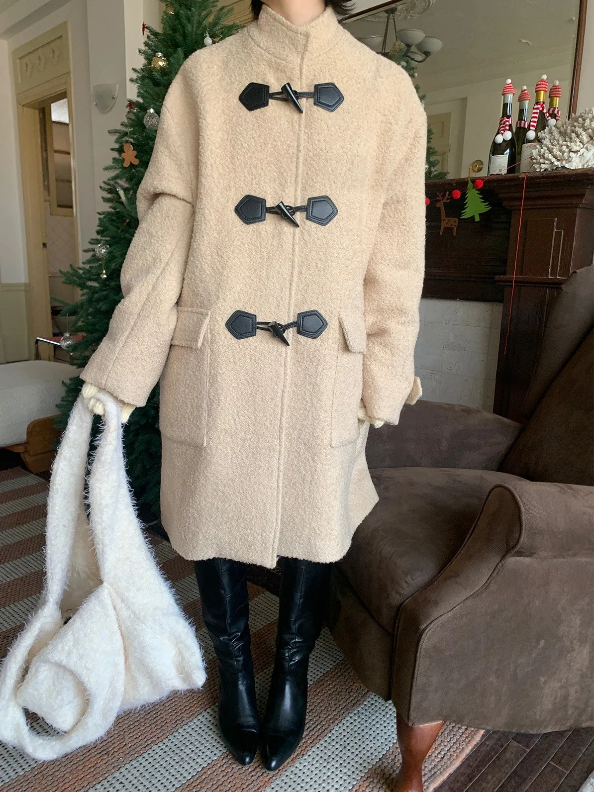 Wool Big-Pocket Toggle-Button Wool Retro Oversize Coat