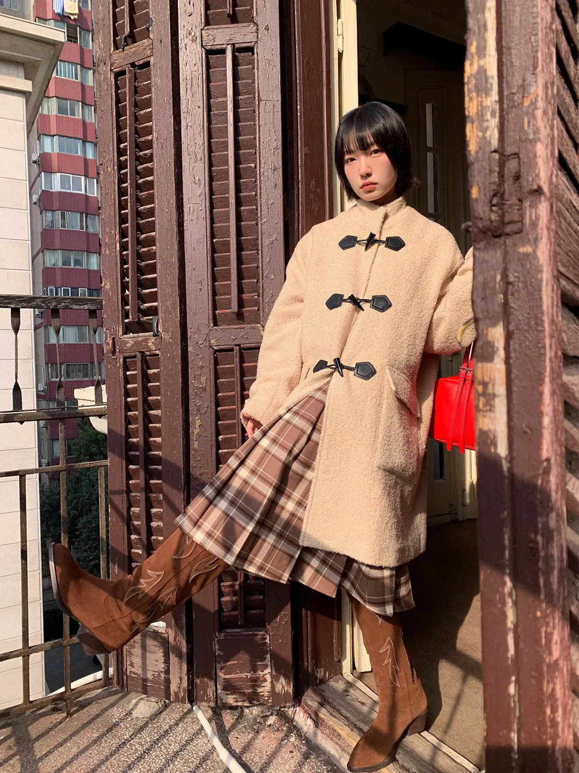 Wool Big-Pocket Toggle-Button Wool Retro Oversize Coat