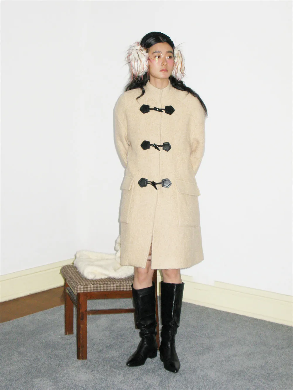 Wool Big-Pocket Toggle-Button Wool Retro Oversize Coat