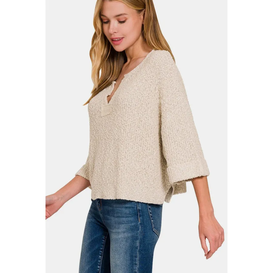 Zenana Notched Side Slit Patch Sweater