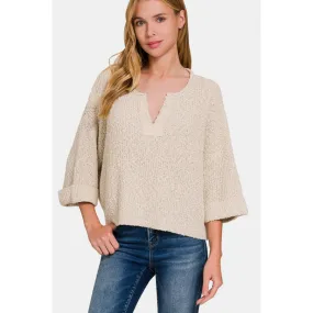 Zenana Notched Side Slit Patch Sweater