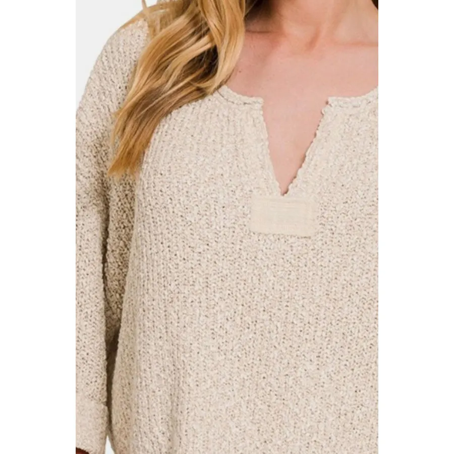 Zenana Notched Side Slit Patch Sweater